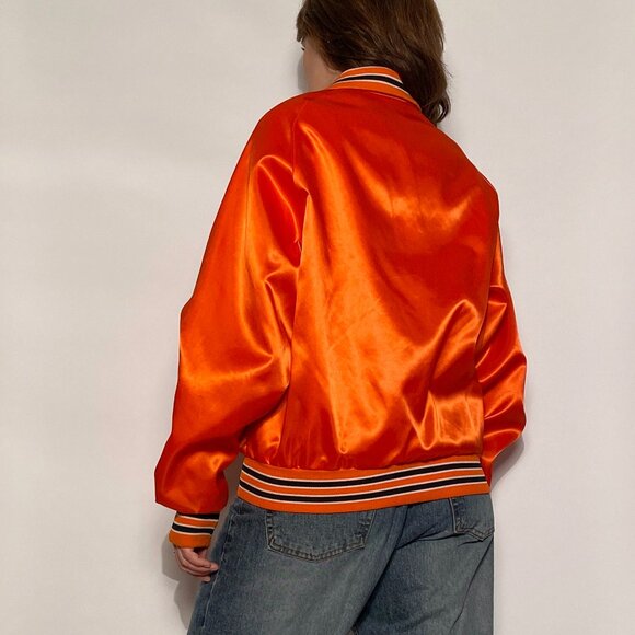 Vintage 1980s Orange & Black "Whirlies" Satin Bomber! Medium to Large - Picture 2 of 11